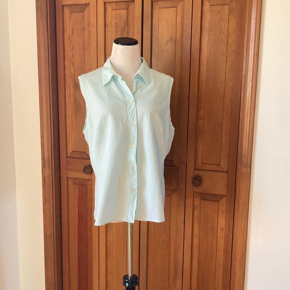Land’s End Cotton Blue & White Seersucker Sleeveless Buttondown, Size 16